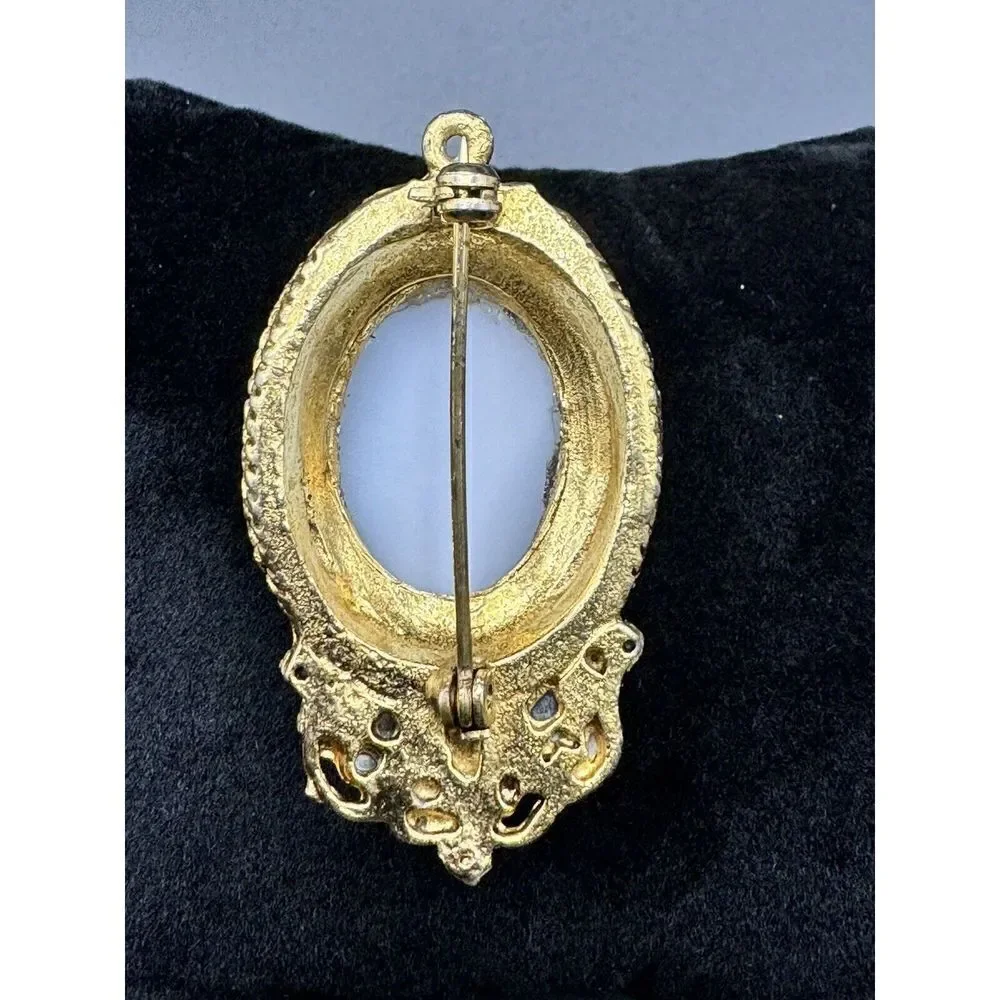 Vintage Gold Tone Brooch Rhinestone Faux Seed Pearl White Glass Cabochon Pendant